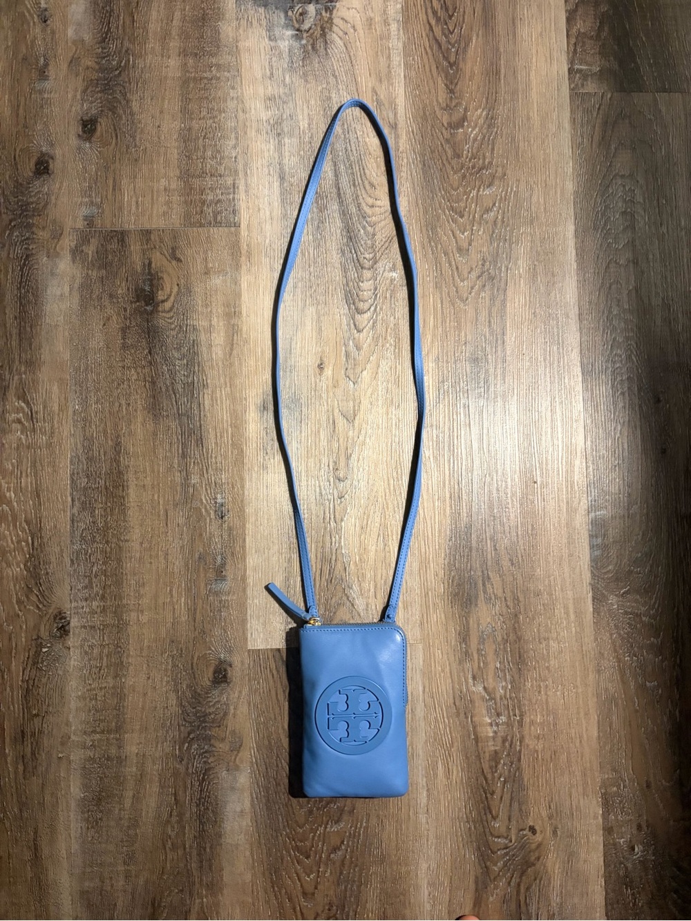 Tory Burch Powder Blue Leather Logo Crossbody Phone Pouch